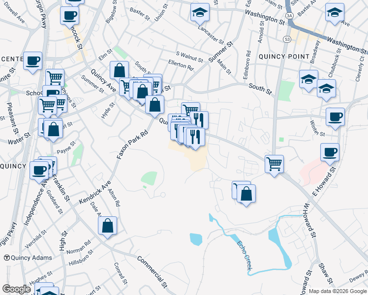 map of restaurants, bars, coffee shops, grocery stores, and more near 225 Quincy Avenue in Quincy