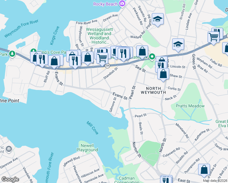 map of restaurants, bars, coffee shops, grocery stores, and more near 209 Evans Street in Weymouth