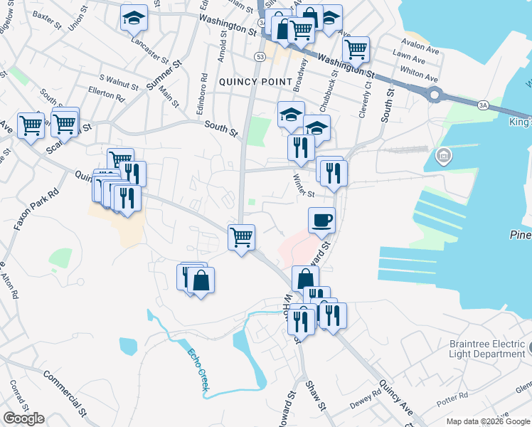map of restaurants, bars, coffee shops, grocery stores, and more near 1092 Southern Artery in Quincy
