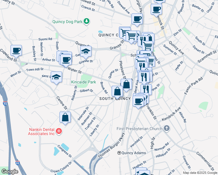 map of restaurants, bars, coffee shops, grocery stores, and more near 135 Quincy Street in Quincy