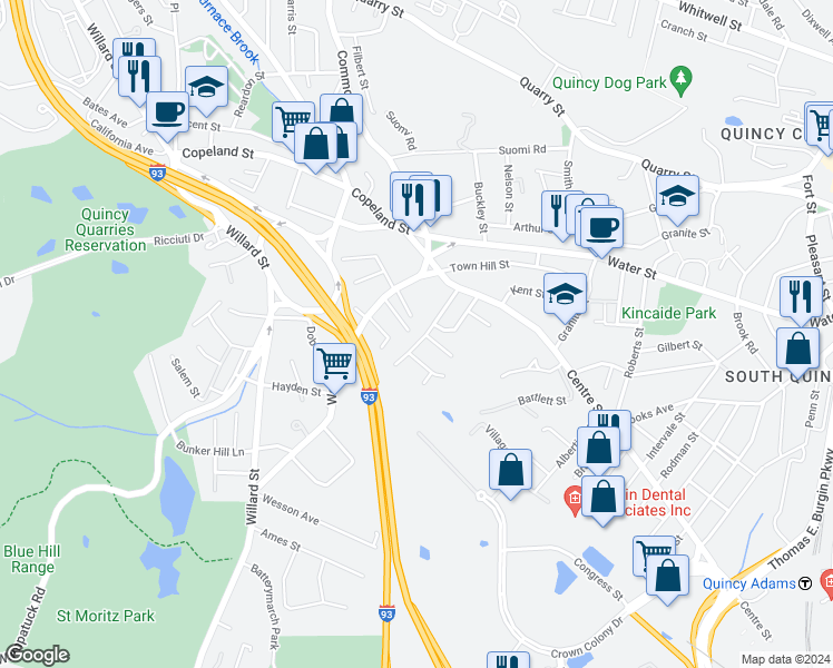 map of restaurants, bars, coffee shops, grocery stores, and more near 54 Station Street in Quincy