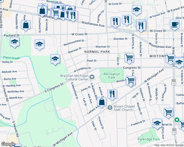 map of restaurants, bars, coffee shops, grocery stores, and more near 1201 South Congress Street in Ypsilanti