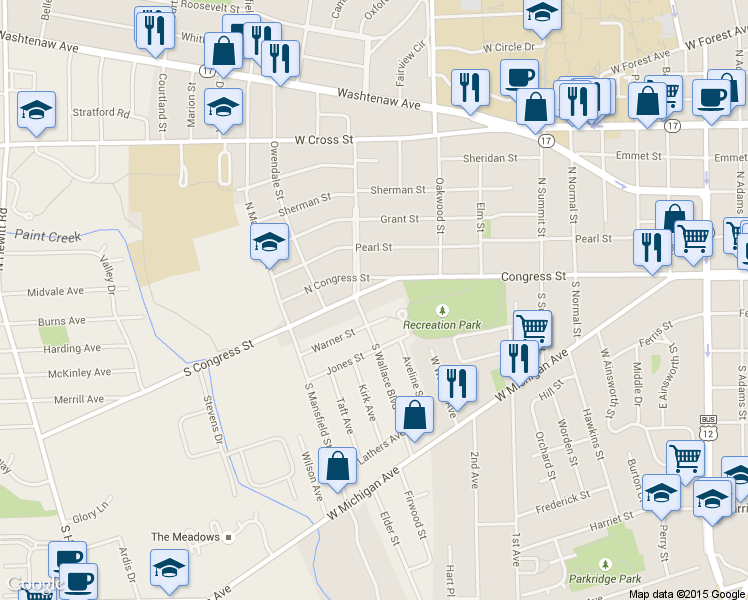 map of restaurants, bars, coffee shops, grocery stores, and more near 1201 South Congress Street in Ypsilanti