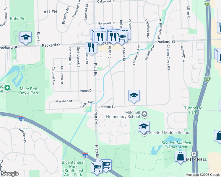 map of restaurants, bars, coffee shops, grocery stores, and more near 3370 Creek Drive in Ann Arbor