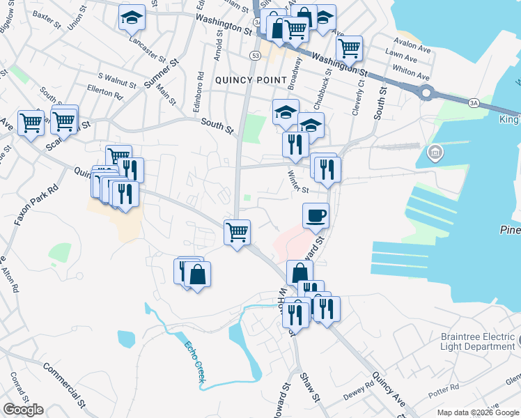 map of restaurants, bars, coffee shops, grocery stores, and more near 1092 Southern Artery in Quincy