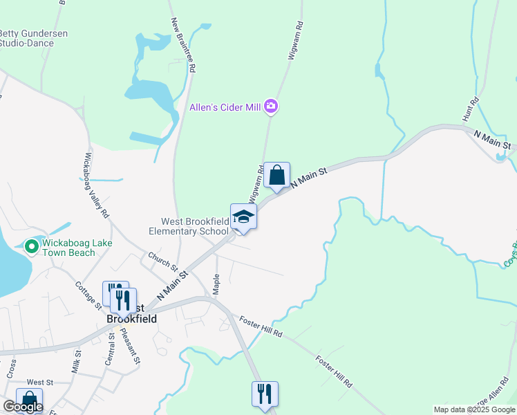 map of restaurants, bars, coffee shops, grocery stores, and more near 89 North Main Street in West Brookfield