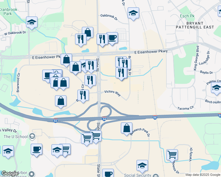 map of restaurants, bars, coffee shops, grocery stores, and more near 725 Victors Way in Ann Arbor