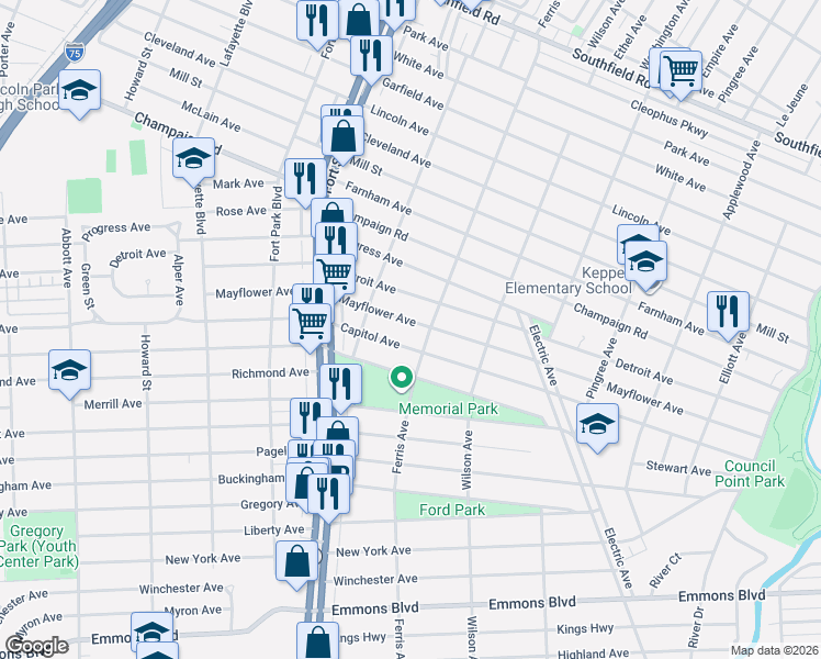 map of restaurants, bars, coffee shops, grocery stores, and more near 3070 Ferris Avenue in Lincoln Park