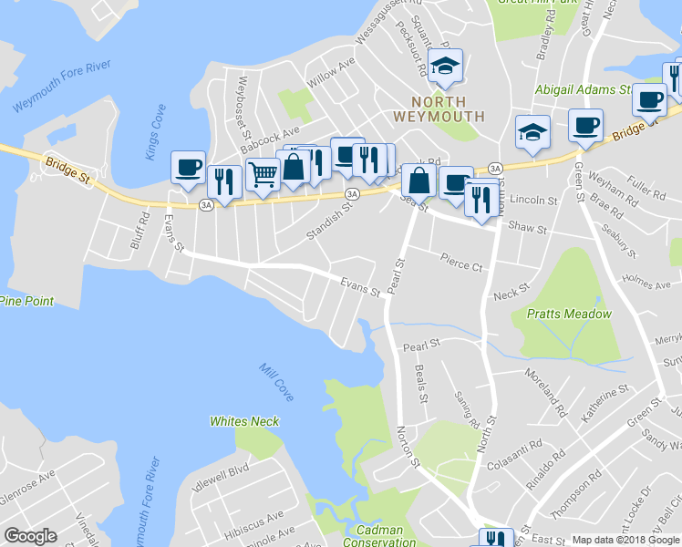 map of restaurants, bars, coffee shops, grocery stores, and more near 209 Evans Street in Weymouth