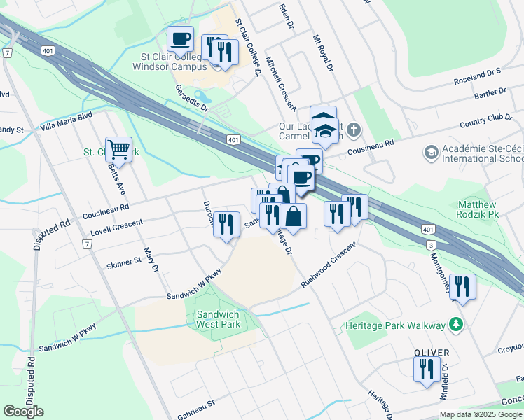 map of restaurants, bars, coffee shops, grocery stores, and more near 1525 Heritage Drive in Windsor