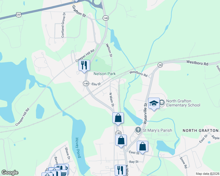 map of restaurants, bars, coffee shops, grocery stores, and more near 161 North Main Street in Grafton