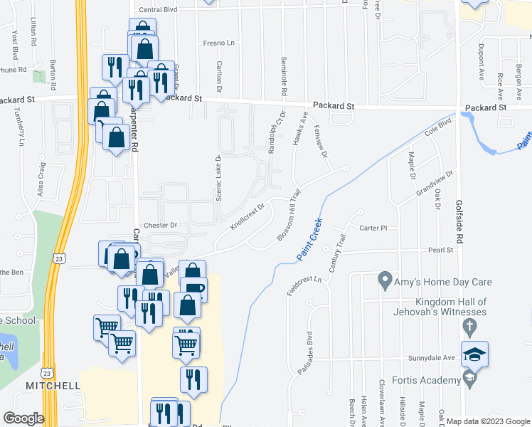 map of restaurants, bars, coffee shops, grocery stores, and more near 4437 Center Valley Drive in Ann Arbor