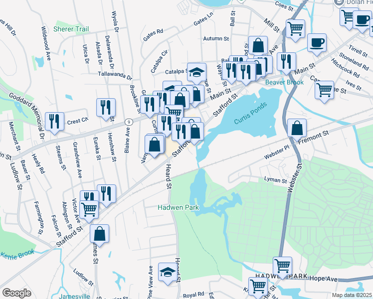 map of restaurants, bars, coffee shops, grocery stores, and more near 97 Stafford Street in Worcester