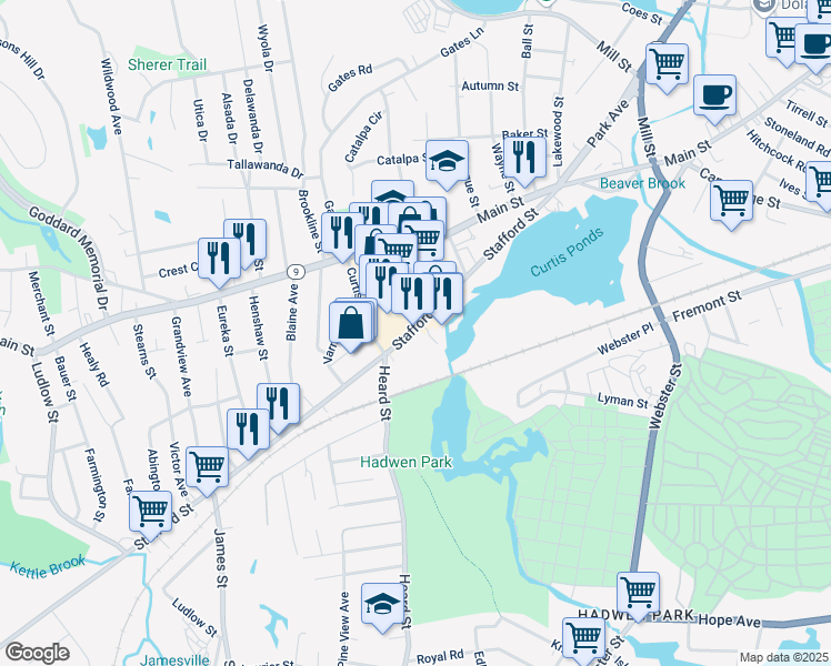 map of restaurants, bars, coffee shops, grocery stores, and more near 97 Stafford St in Worcester