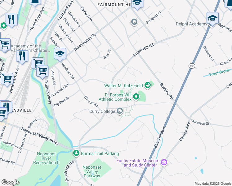 map of restaurants, bars, coffee shops, grocery stores, and more near 936 Brush Hill Road in Milton