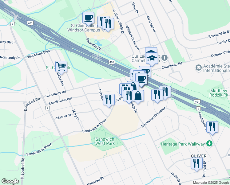 map of restaurants, bars, coffee shops, grocery stores, and more near 1545 Lovell Crescent in Windsor