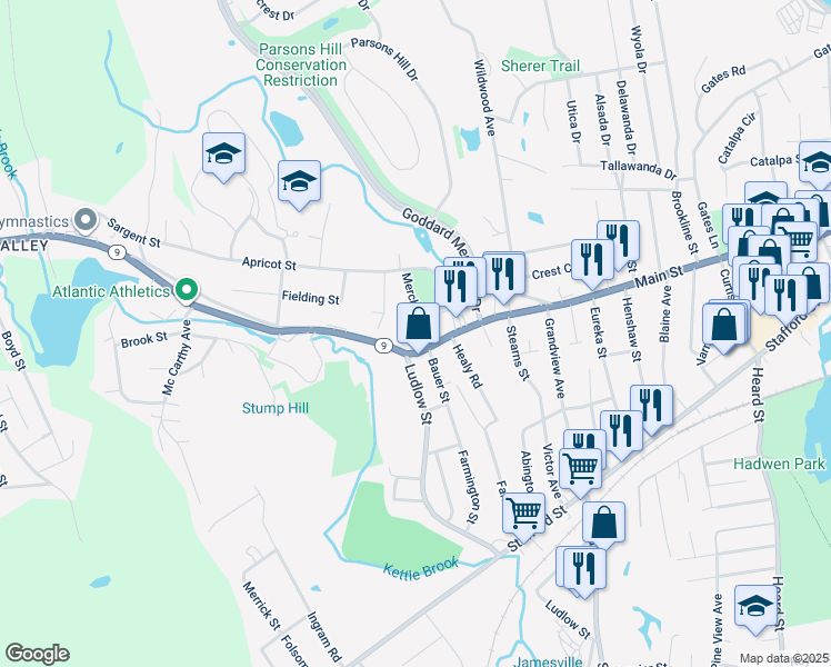 map of restaurants, bars, coffee shops, grocery stores, and more near 1438 Main Street in Worcester