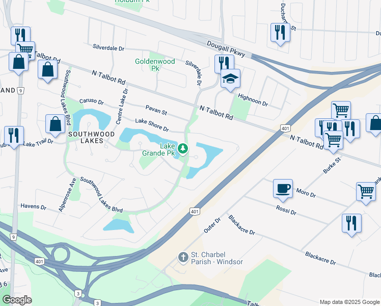 map of restaurants, bars, coffee shops, grocery stores, and more near 1040 Lake Laguna Court in Windsor