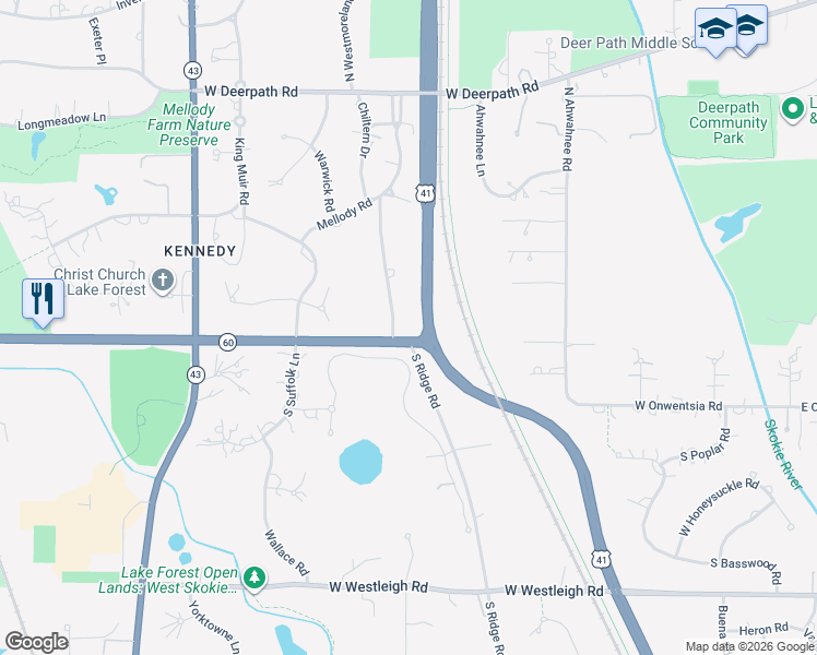 map of restaurants, bars, coffee shops, grocery stores, and more near 34 North Ridge Road in Lake Forest
