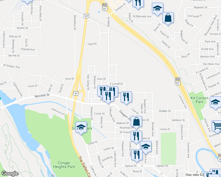 map of restaurants, bars, coffee shops, grocery stores, and more near 2105 Biehn Street in Klamath Falls