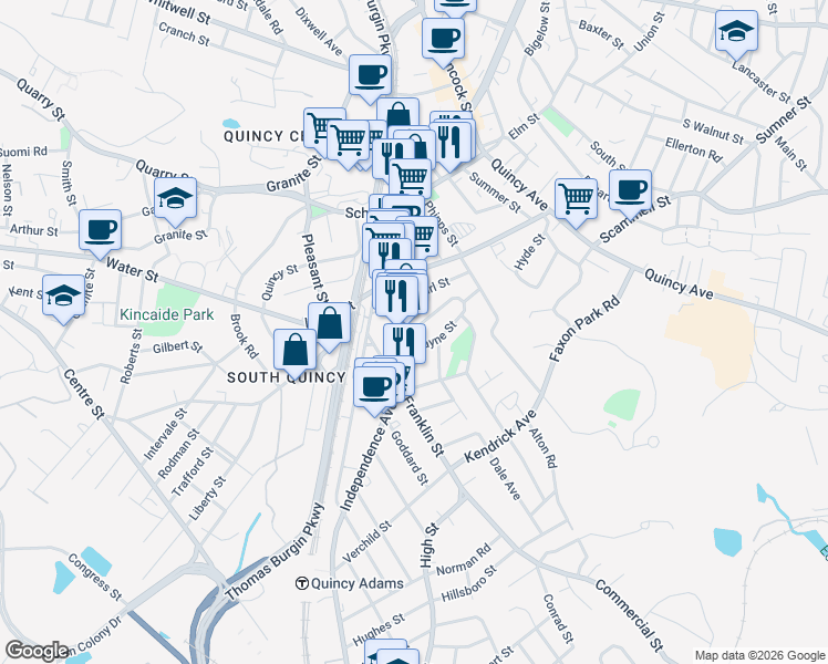 map of restaurants, bars, coffee shops, grocery stores, and more near 69 Payne Street in Quincy