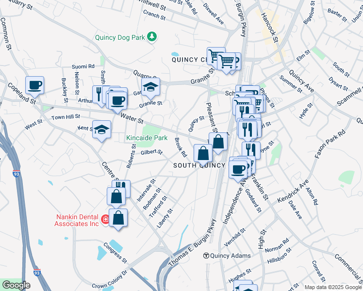 map of restaurants, bars, coffee shops, grocery stores, and more near 7 Intervale Street in Quincy