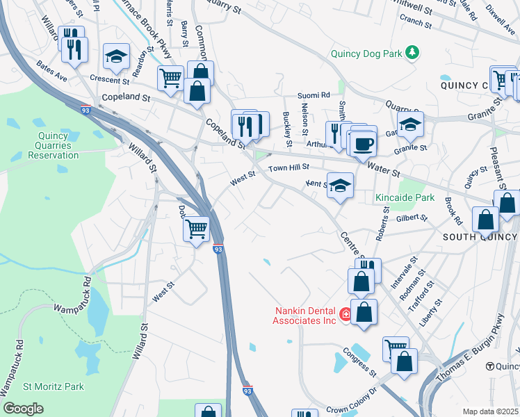 map of restaurants, bars, coffee shops, grocery stores, and more near 54 Station Street in Quincy