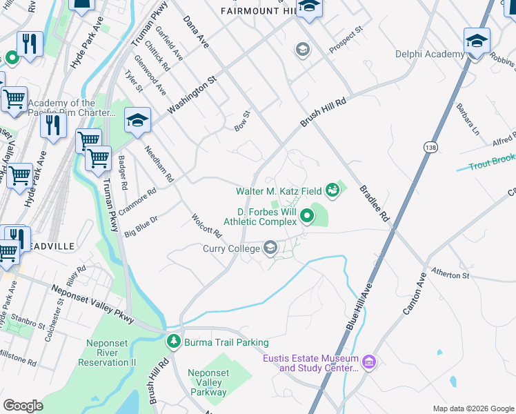map of restaurants, bars, coffee shops, grocery stores, and more near 936 Brush Hill Road in Milton