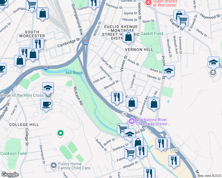 map of restaurants, bars, coffee shops, grocery stores, and more near 10 Maxwell Court in Worcester