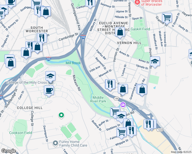 map of restaurants, bars, coffee shops, grocery stores, and more near in Worcester