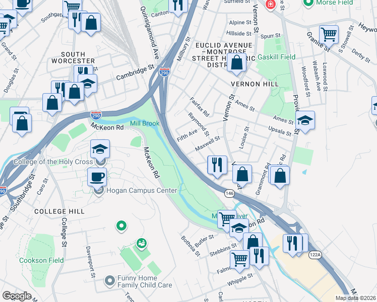 map of restaurants, bars, coffee shops, grocery stores, and more near in Worcester
