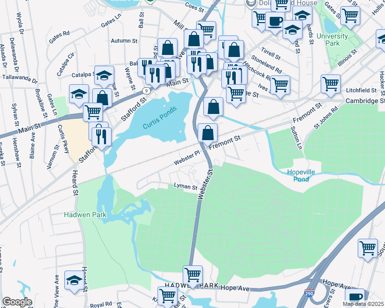 map of restaurants, bars, coffee shops, grocery stores, and more near 5 Webster Place in Worcester