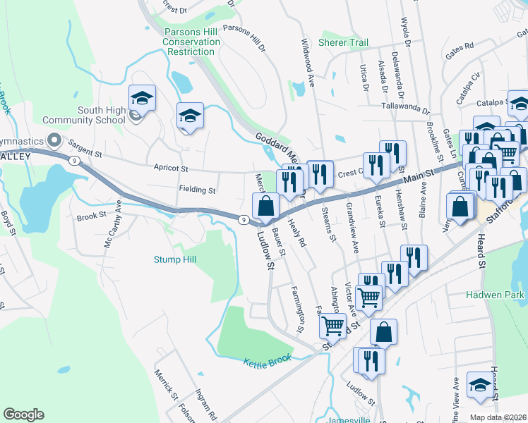 map of restaurants, bars, coffee shops, grocery stores, and more near 1438 Main Street in Worcester