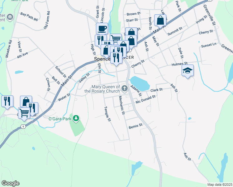 map of restaurants, bars, coffee shops, grocery stores, and more near 30 Prospect Street in Spencer