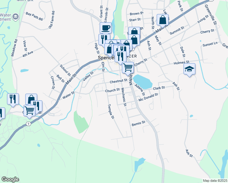 map of restaurants, bars, coffee shops, grocery stores, and more near 30 Prospect Street in Spencer