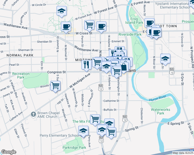 map of restaurants, bars, coffee shops, grocery stores, and more near in Ypsilanti