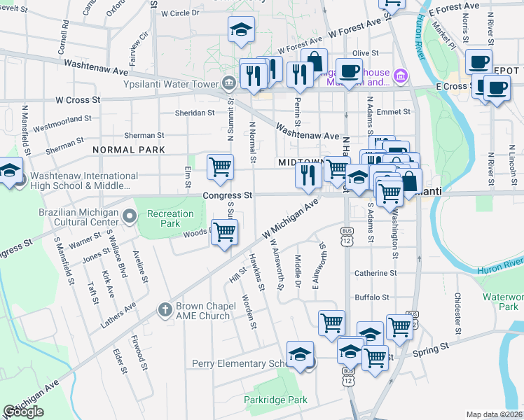 map of restaurants, bars, coffee shops, grocery stores, and more near 706 West Michigan Avenue in Ypsilanti