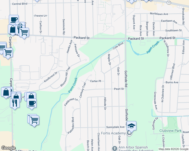 map of restaurants, bars, coffee shops, grocery stores, and more near 4765 Carter Place in Ypsilanti
