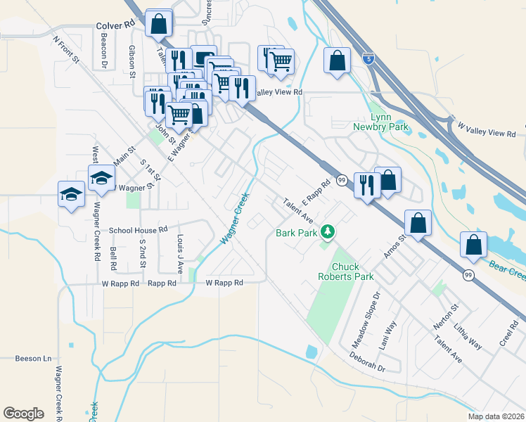 map of restaurants, bars, coffee shops, grocery stores, and more near 131 Graham Way in Talent