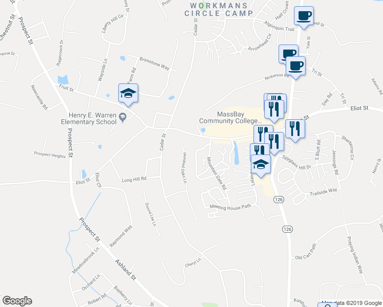 map of restaurants, bars, coffee shops, grocery stores, and more near 4 Hundred Oaks Lane in Ashland