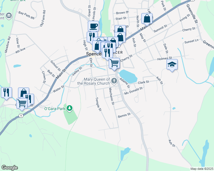 map of restaurants, bars, coffee shops, grocery stores, and more near 30 Prospect Street in Spencer