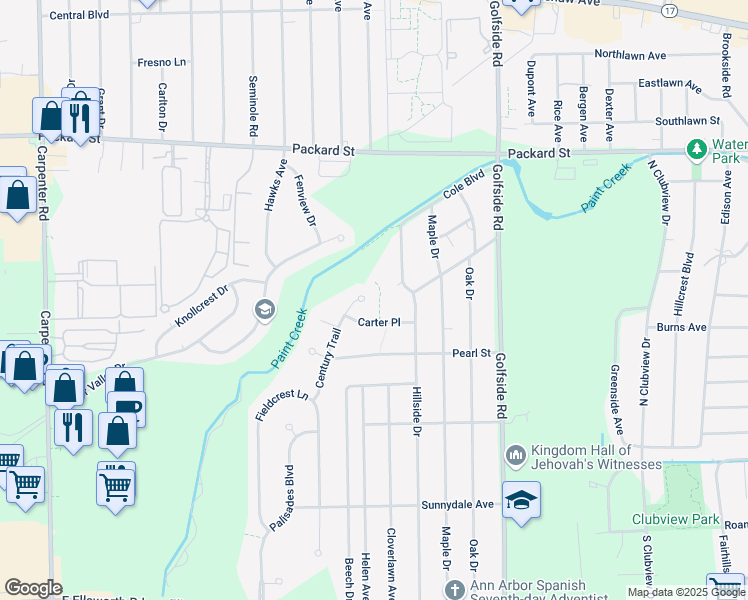 map of restaurants, bars, coffee shops, grocery stores, and more near 4765 Carter Place in Ypsilanti