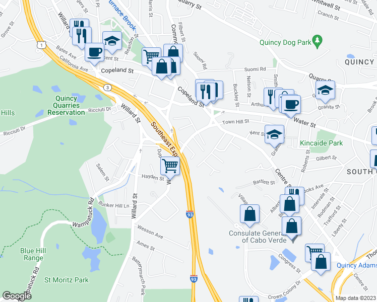 map of restaurants, bars, coffee shops, grocery stores, and more near 3 Sullivan Road in Quincy