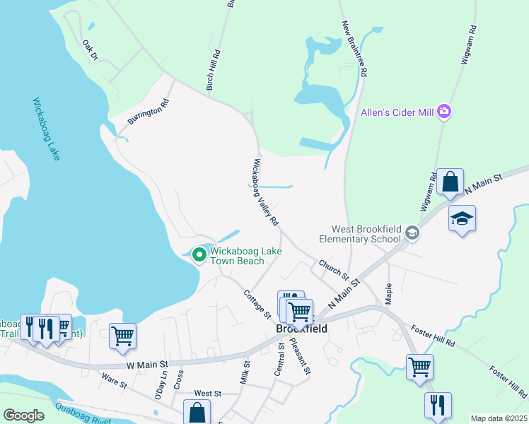 map of restaurants, bars, coffee shops, grocery stores, and more near 10 Wickaboag Valley Road in West Brookfield