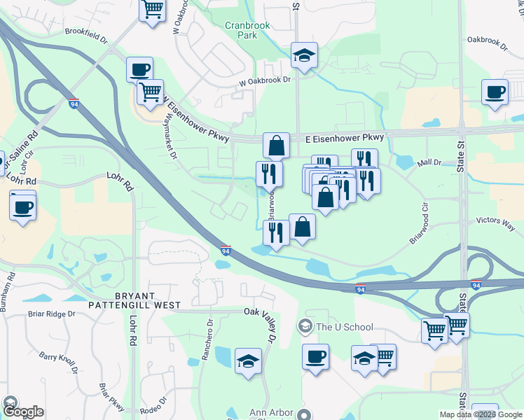map of restaurants, bars, coffee shops, grocery stores, and more near 1601 Briarwood Circle in Ann Arbor