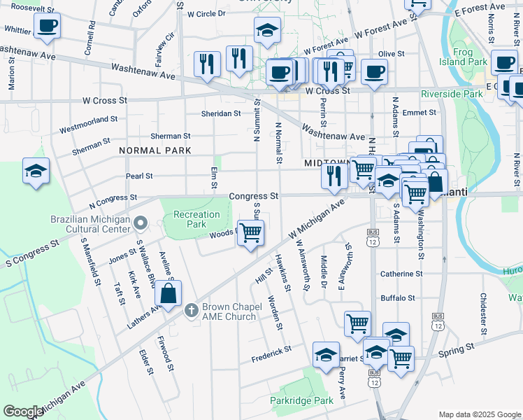 map of restaurants, bars, coffee shops, grocery stores, and more near 11 South Summit Street in Ypsilanti