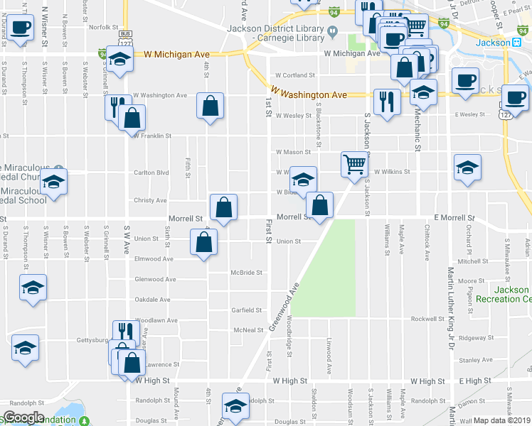 map of restaurants, bars, coffee shops, grocery stores, and more near 818 1st Street in Jackson