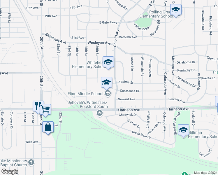 map of restaurants, bars, coffee shops, grocery stores, and more near 2525 Ohio Parkway in Rockford