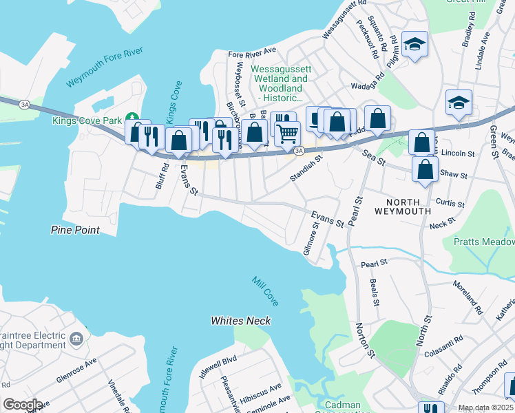 map of restaurants, bars, coffee shops, grocery stores, and more near 36 Wachusett Road in Weymouth