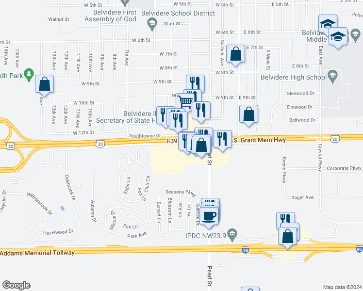 map of restaurants, bars, coffee shops, grocery stores, and more near 1787 West Chrysler Drive in Belvidere